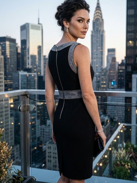 White House Black Market Dresses & Skirts - White House Black Market Black Midi Dress with Silver Metallic Trim
